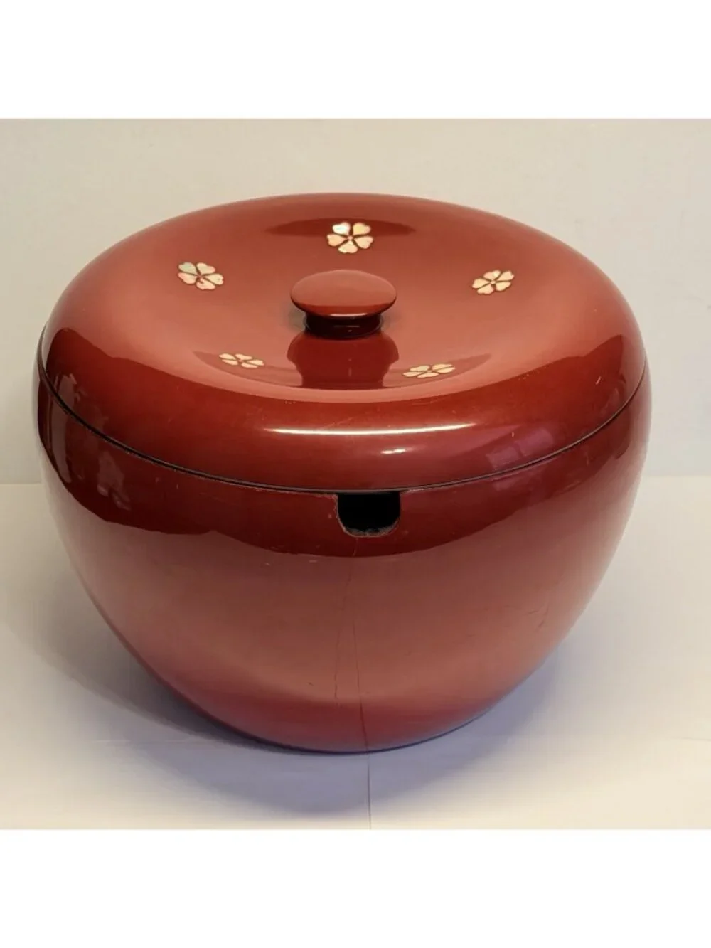 Japanese Wood Red Lacquer Ohitsu Rice Serving Bowl Mother of Pearl Inlay
